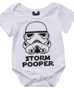 front of storm pooper baby boys romper star wars themed