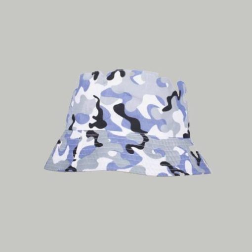 Blue camo bucket hat with print all over